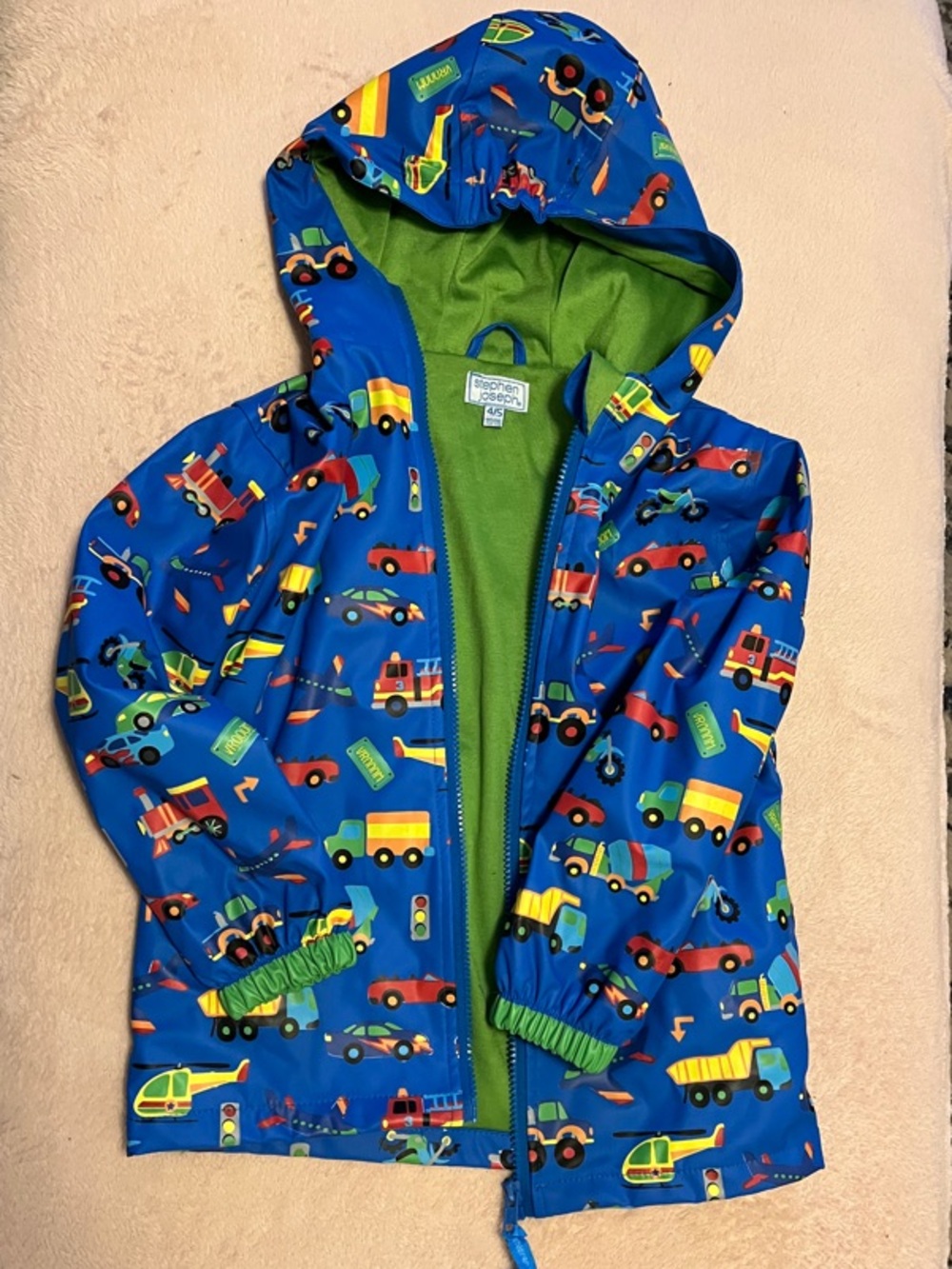 Green and Blue Hooded Raincoat with Multicolor Vehicle Print